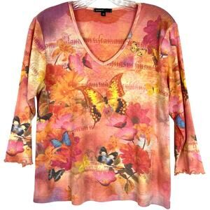 Vintage oneworld Butterflies Novelty Print Colorful Y2K Shirt 3/4 Sleeves Size M